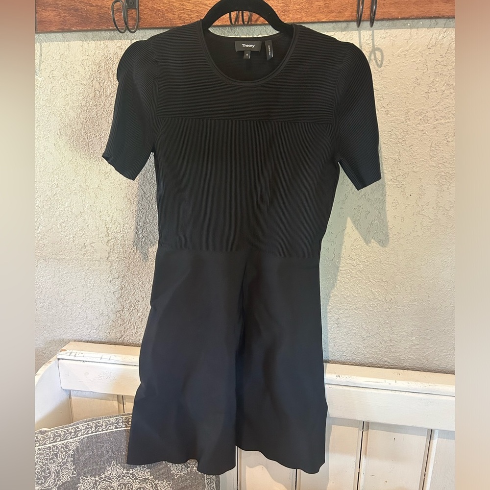 Theory Black Knit Ribbed Flare Mini Dress Size S